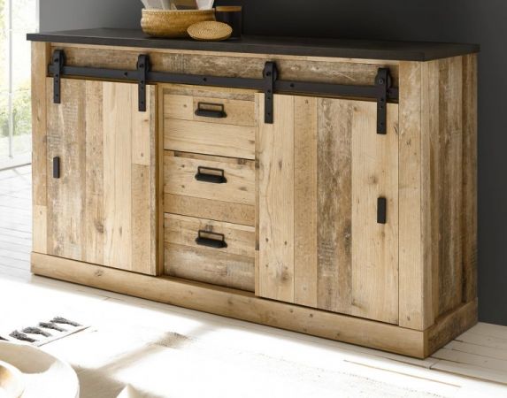 Esszimmer Set Stove in Used Wood hell und anthrazit Speisezimmer 3-teilig mit Esstisch, Vitrine und Sideboard