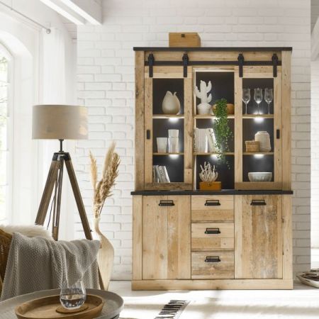 Esszimmer Set Stove in Used Wood hell und anthrazit Speisezimmer 3-teilig mit Buffetschrank, Esstisch und Sideboard
