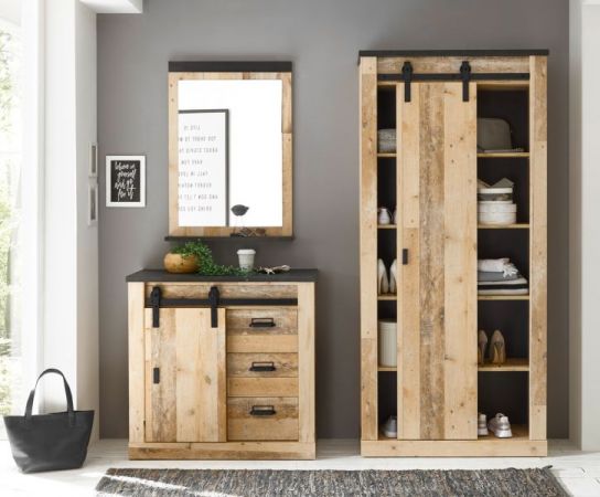 Garderobe Set 2-teilig Stove in Used Wood hell und anthrazit Garderobenkombination mit Kommode und Spiegel