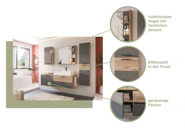 Badezimmer Hochschrank Tomaso in Nox Eiche und Basalt grau Badschrank 37 x 152 cm, Soft-Close