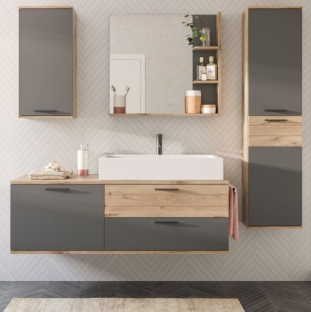 Badezimmer Hochschrank Tomaso in Nox Eiche und Basalt grau Badschrank 37 x 152 cm, Soft-Close
