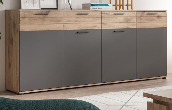 Sideboard Tomaso in Nox Eiche und Basalt grau, Kommode 180 x 87 cm mit Soft-Close