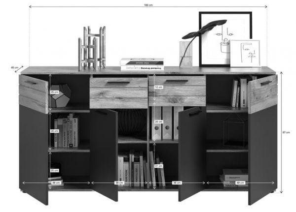 Sideboard Tomaso in Nox Eiche und Basalt grau, Kommode 180 x 87 cm mit Soft-Close