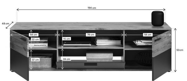 TV-Lowboard Tomaso in Nox Eiche und Basalt Grau, TV Unterschrank 194 cm mit Soft-Close