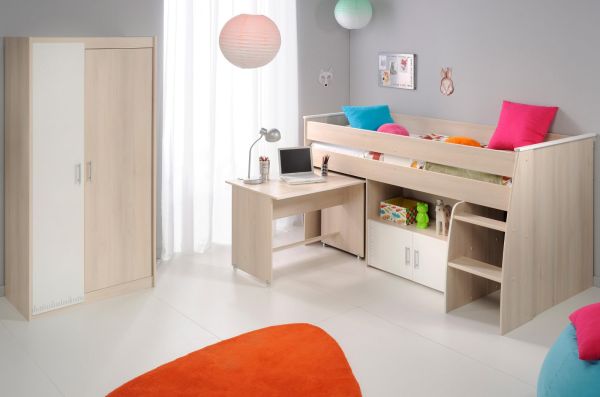 Parisot Kinder- und Jugendzimmer Charly5 in Akazie und wei� Set inklusive Kleiderschrank und Hochbett mit Schreibtisch