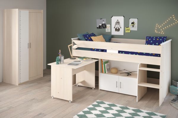 Parisot Kinder- und Jugendzimmer Charly5 in Akazie und wei� Set inklusive Kleiderschrank und Hochbett mit Schreibtisch