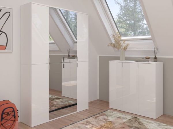 Garderobe und Kleiderschrank SystemX in wei� Hochglanz Mehrzweckschrank mit Spiegelt�r 122 x 193 cm