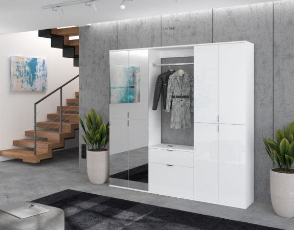 Garderobe und Kleiderschrank SystemX in wei� Hochglanz Mehrzweckschrank mit Spiegelt�r 122 x 193 cm