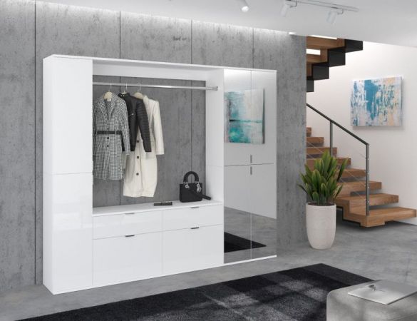Garderobenschrank SystemX in wei� Hochglanz Flurgarderobe mit Spiegelt�r 212 x 193 cm