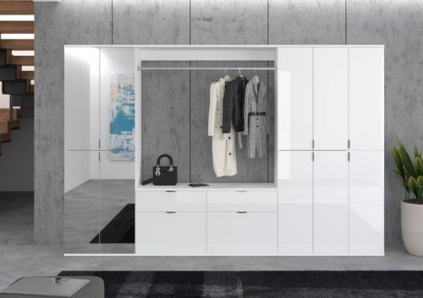 Garderobenschrank mit Spiegel SystemX in wei� Hochglanz Kleiderschrank mit Spiegelt�r 273 x 193 cm