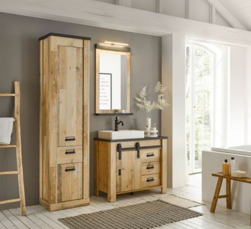 Badezimmer Hochschrank Stove in Used Wood hell und anthrazit Badschrank 51 x 201 cm