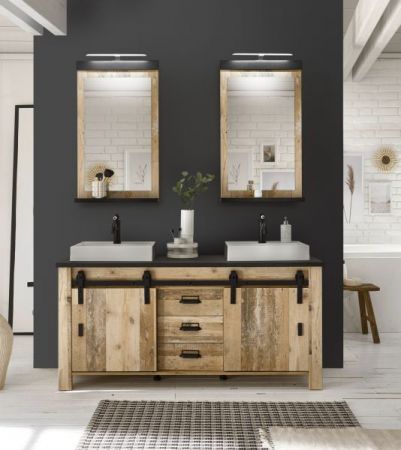 Badm�bel Set Stove in Used Wood hell und anthrazit Doppelwaschtisch MIT Waschbecken und LED Spiegellampe