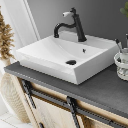 Badm�bel Set 5-teilig Stove in Used Wood hell und anthrazit Badkombination MIT Waschbecken und LED Spiegellampe