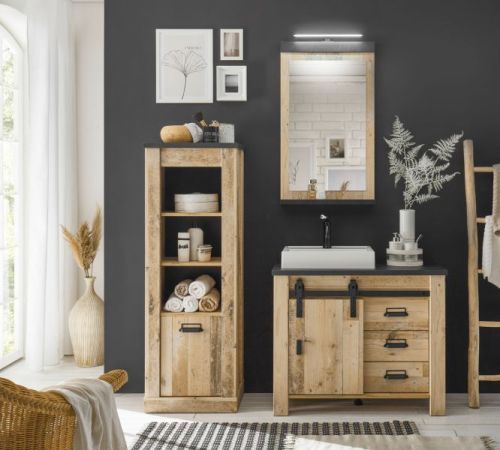 Badm�bel Set 5-teilig Stove in Used Wood hell und anthrazit Badkombination MIT Waschbecken und LED Spiegellampe