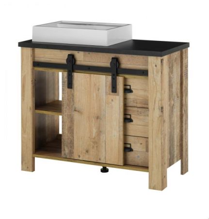 Badm�bel Set 5-teilig Stove in Used Wood hell und anthrazit Badkombination MIT Waschbecken und LED Spiegellampe