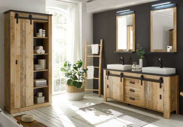 Badm�bel Set Stove in Used Wood hell und anthrazit Doppelwaschtisch MIT Waschbecken und LED Spiegellampe
