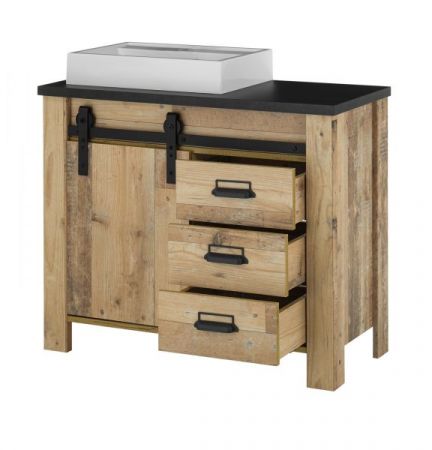 Badm�bel Set 5-teilig Stove in Used Wood hell und anthrazit Badkombination MIT Waschbecken und LED Spiegellampe