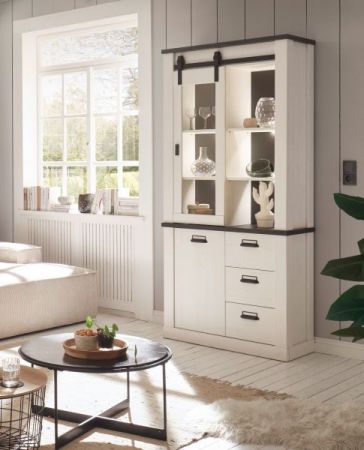 Vitrine Stove in wei� Pinie und anthrazit Landhaus Vitrinenschrank 93 x 201 cm