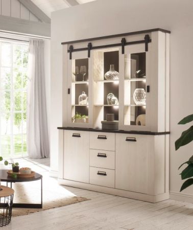 Buffetschrank Stove in wei� Pinie und anthrazit Landhaus Vitrinenschrank 133 x 201 cm