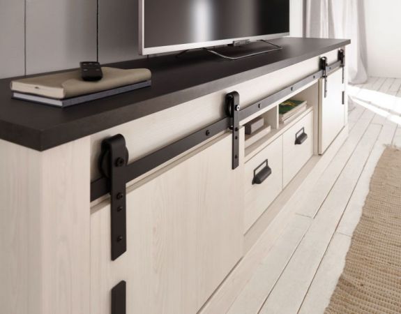 TV-Lowboard Stove in wei� Pinie und anthrazit Landhaus TV Unterteil in Komforth�he 201 x 61 cm