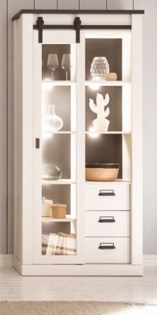 Wohn- und Esszimmer Set Stove in wei� Pinie und anthrazit Landhaus Wohnkombination 2-teilig mit Vitrine und Sideboard