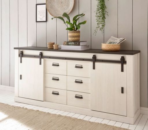 Wohn- und Esszimmer Set Stove in wei� Pinie und anthrazit Landhaus Wohnkombination 2-teilig mit Vitrine und Sideboard