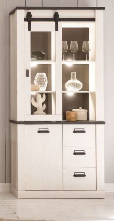 Esszimmer Set Stove in wei� Pinie und anthrazit Landhaus Speisezimmer 3-teilig mit Esstisch, Vitrine und Sideboard