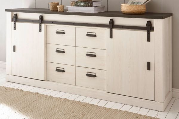 Esszimmer Set Stove in wei� Pinie und anthrazit Landhaus Speisezimmer 3-teilig mit Buffetschrank, Esstisch und Sideboard