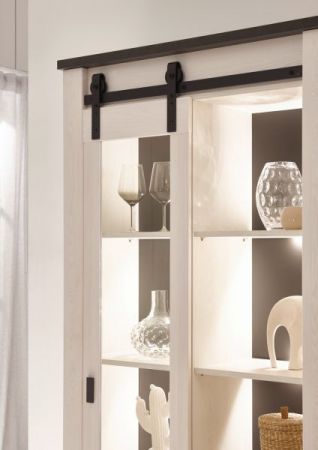 Esszimmer Set Stove in wei� Pinie und anthrazit Landhaus Speisezimmer 3-teilig mit Buffetschrank, Esstisch und Sideboard