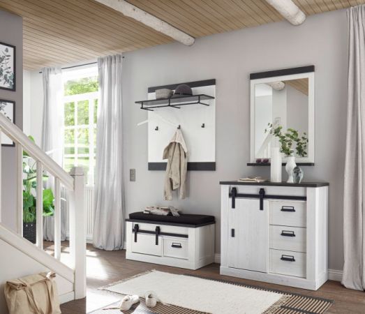 Garderobe Sitzbank Stove in wei� Pinie und anthrazit Landhaus Garderobenbank 93 x 46 cm