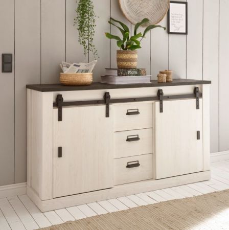 B�ro Kommode Stove in wei� Pinie und anthrazit Landhaus Sideboard 162 x 91 cm