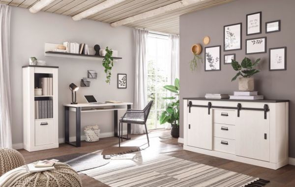 B�ro Kommode Stove in wei� Pinie und anthrazit Landhaus Sideboard 162 x 91 cm