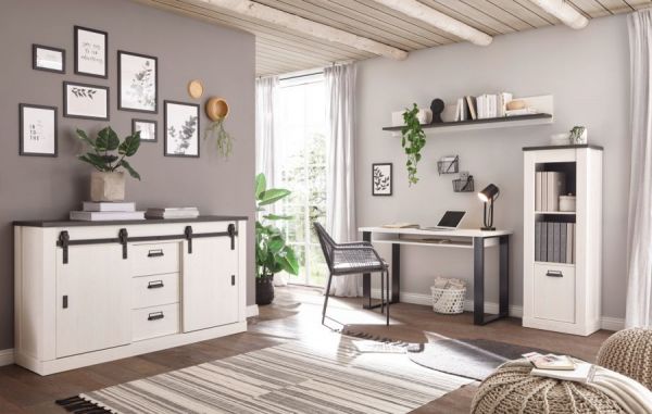 Schreibtisch Set mit Rollcontainer Stove in wei� Pinie und anthrazit Landhaus