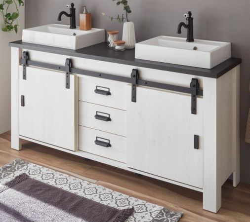 Doppelwaschtisch Stove in wei� Pinie und anthrazit Landhaus Waschtisch Set inkl. 2 x Waschbecken 164 cm