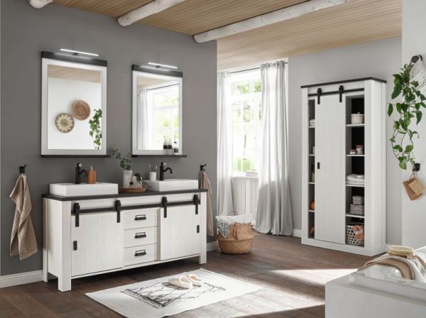 Doppelwaschtisch Stove in wei� Pinie und anthrazit Landhaus Waschtisch Set inkl. 2 x Waschbecken 164 cm