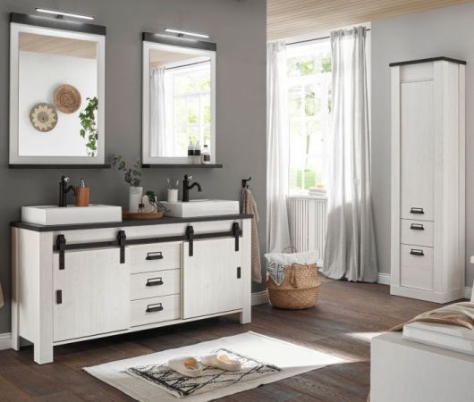 Badm�bel Set Stove in wei� Pinie und anthrazit Landhaus Doppelwaschtisch MIT Waschbecken und LED Spiegellampe