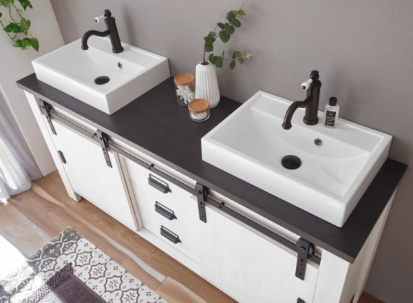 Badm�bel Set Stove in wei� Pinie und anthrazit Landhaus Doppelwaschtisch MIT Waschbecken und LED Spiegellampe