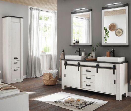 Badm�bel Set Stove in wei� Pinie und anthrazit Landhaus Doppelwaschtisch MIT Waschbecken und LED Spiegellampe