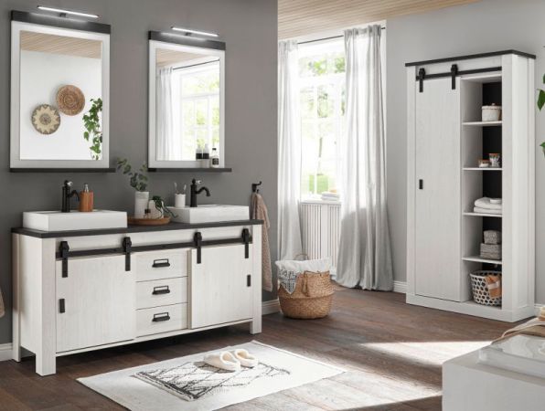 Badm�bel Set Stove in wei� Pinie und anthrazit Landhaus Doppelwaschtisch MIT Waschbecken und LED Spiegellampe