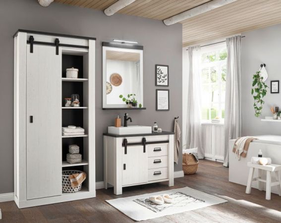 Badm�bel Set 5-teilig Stove in wei� Pinie und anthrazit Landhaus Badkombination MIT Waschbecken und LED Spiegellampe