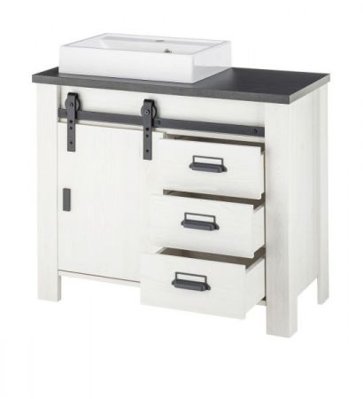 Badm�bel Set 5-teilig Stove in wei� Pinie und anthrazit Landhaus Badkombination MIT Waschbecken und LED Spiegellampe