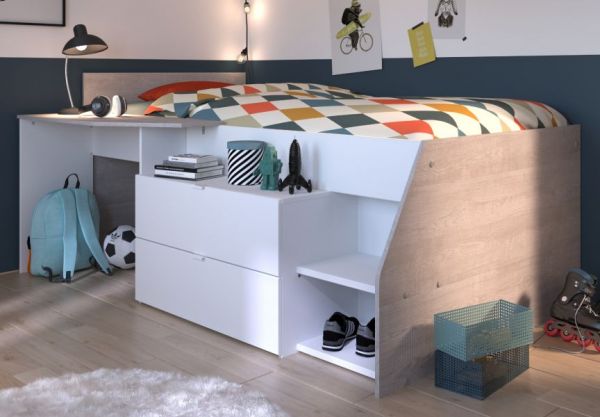 Parisot Hochbett Milky1 in wei� und grau Loft Kinder- und Jugendzimmer Bett mit Stauraum