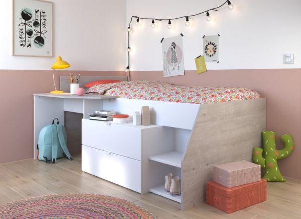 Parisot Hochbett Milky1 in wei� und grau Loft Kinder- und Jugendzimmer Bett mit Stauraum
