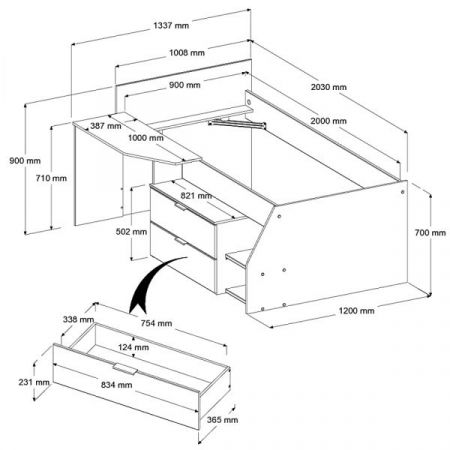 Parisot Hochbett Milky1 in wei� und grau Loft Kinder- und Jugendzimmer Bett mit Stauraum