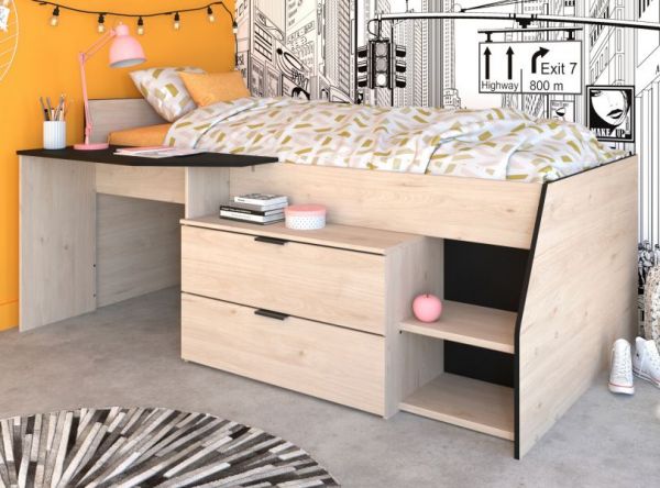 Parisot Hochbett Milky2 in Eiche Jackson und schwarz Kinder- und Jugendzimmer Bett mit Stauraum