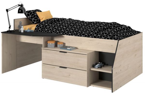 Parisot Hochbett Milky2 in Eiche Jackson und schwarz Kinder- und Jugendzimmer Bett mit Stauraum