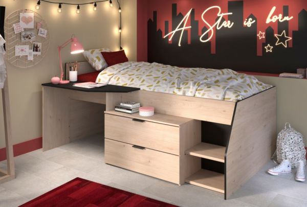Parisot Hochbett Milky2 in Eiche Jackson und schwarz Kinder- und Jugendzimmer Bett mit Stauraum