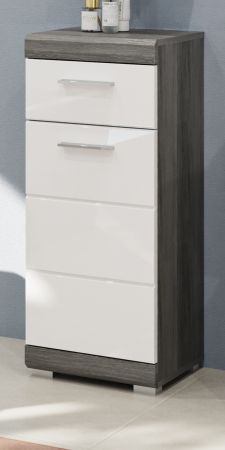 Badezimmer Kommode Shawn in wei� Hochglanz und Rauchsilber grau Badschrank 37 x 88 cm