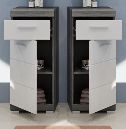 Badezimmer Kommode Shawn in wei� Hochglanz und Rauchsilber grau Badschrank 37 x 88 cm