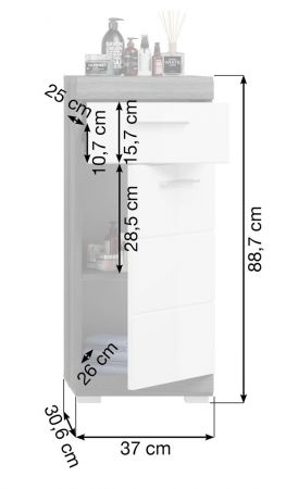 Badezimmer Kommode Shawn in wei� Hochglanz und Rauchsilber grau Badschrank 37 x 88 cm